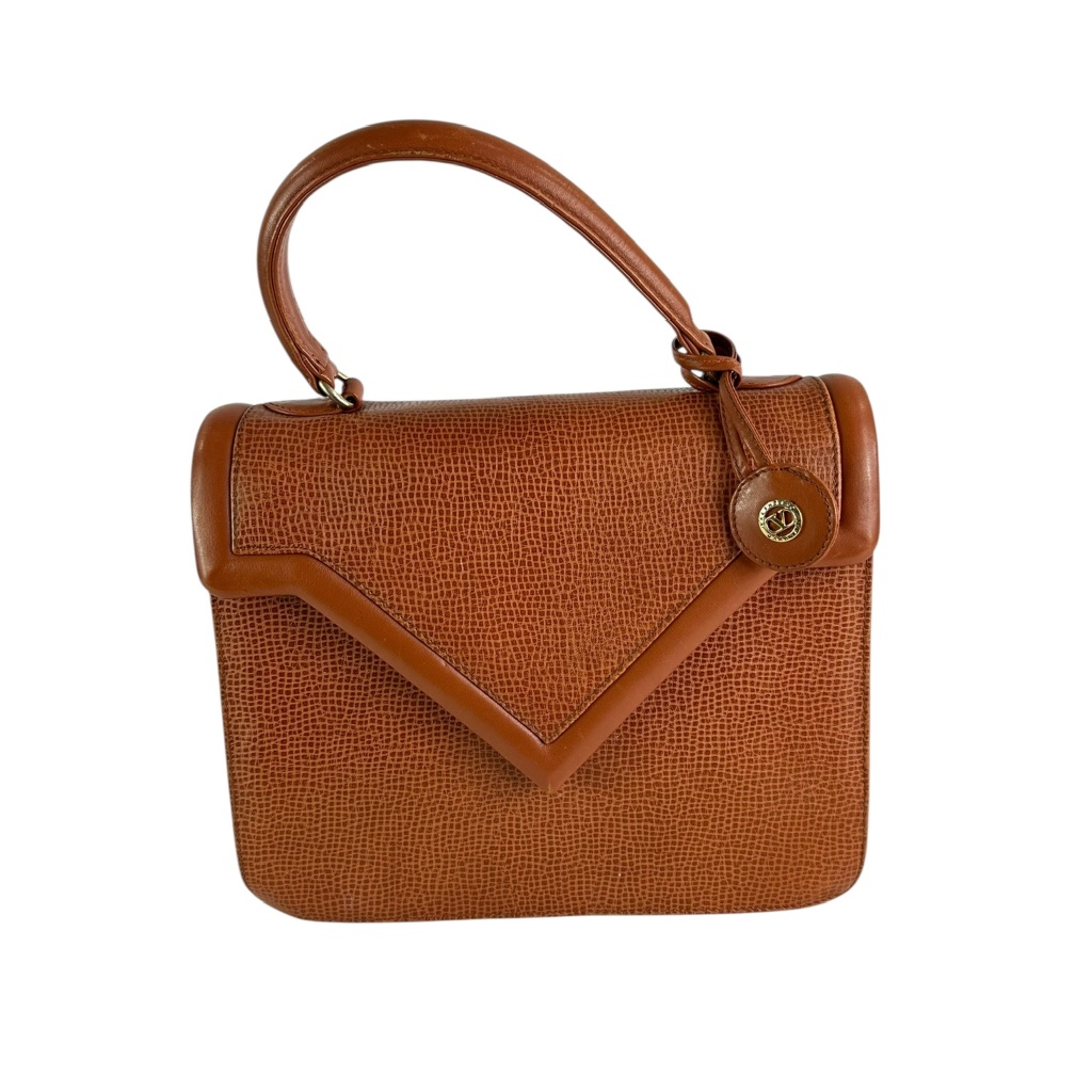 Vintage Valentino V Flap Tan Leather Hand Bag Purse Made In Italy 80s